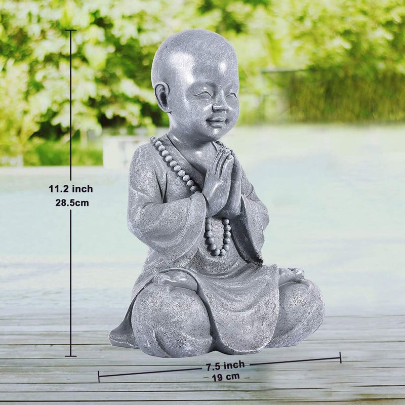 Goodeco Meditating Baby Buddha Statue Figurine - Zen Garden Monk Sculpture,Indoor/Outdoor Decor for Home,Garden Patio Deck Yard Art Decoration- with Natural Wood Beaded Necklace 11.2" (Gray) - Image 3